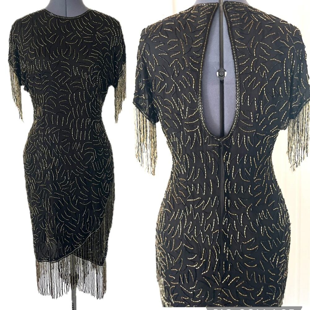 Vintage Silk Beaded Dress Black Gold Fringe Chic Open Back Party Dress Medium